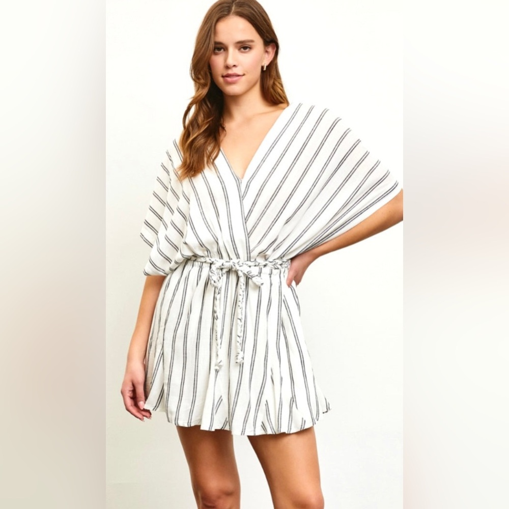 Avasta Off White & Black Stripe Godet Tassel Tie Waist Mini Dress